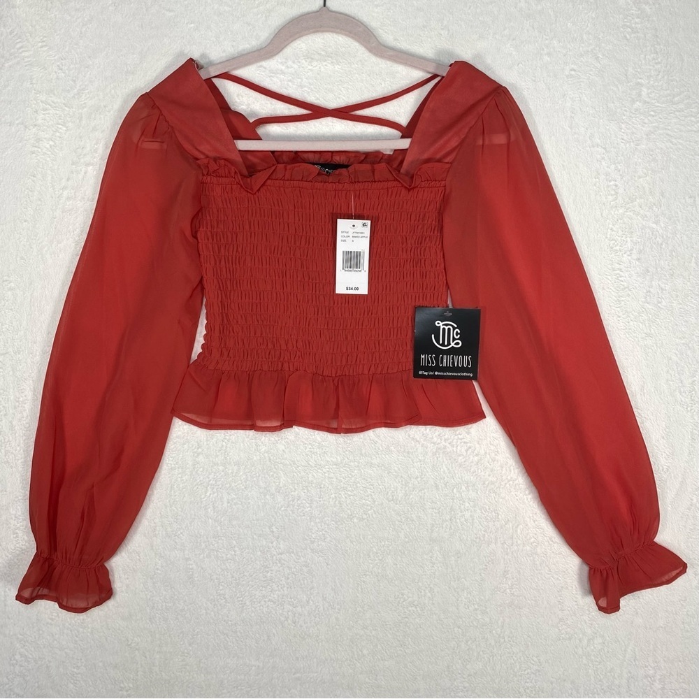 NWT Miss Chievous Smoked Top Blouse Cropped Long Sleeve Size Small Preppy